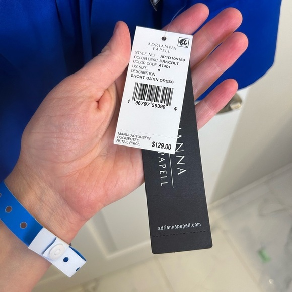 ADRIANNA PAPELL faux SATIN WRAP DRESS WITH LONG SLEEVES dark blue size 8 NWT - Picture 7 of 16